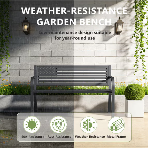 HaiNova Metal Outdoor Bench, 47in Patio Garden Benches with National Flag Pattern Backrest for Backyard, Lawn, Deck, Porch, Park, Red