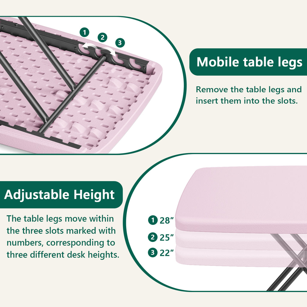 30 Inch Folding Table TV Tray, Portable Adjustable Height, X-shaped Frame Portable Work Table, Utility Foldable Desk for Small Spaces, Laptop & Couch, Camping, Pink