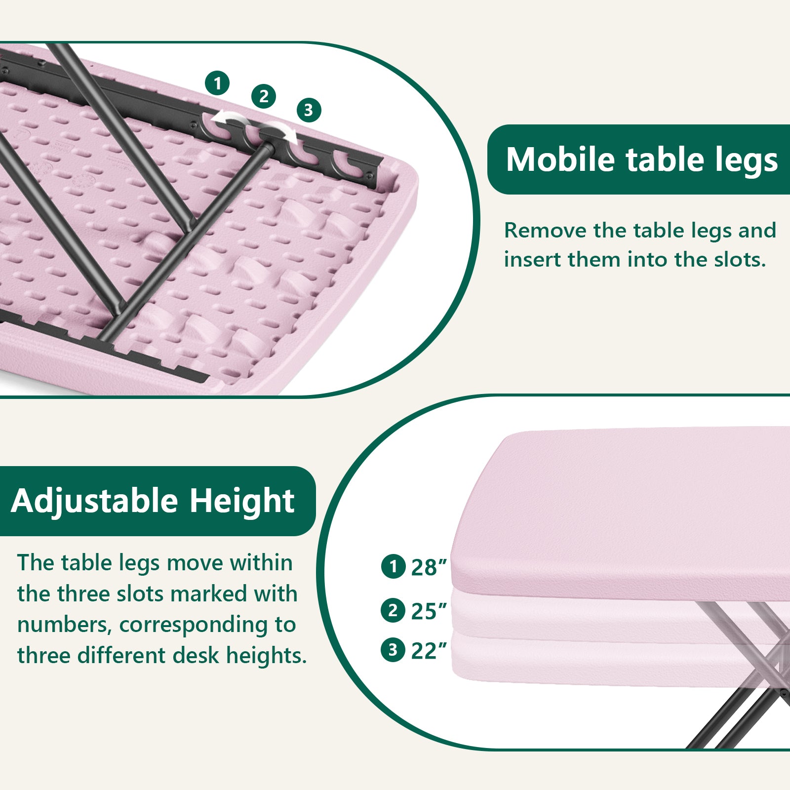 30 Inch Folding Table TV Tray, Portable Adjustable Height, X-shaped Frame Portable Work Table, Utility Foldable Desk for Small Spaces, Laptop & Couch, Camping, Pink