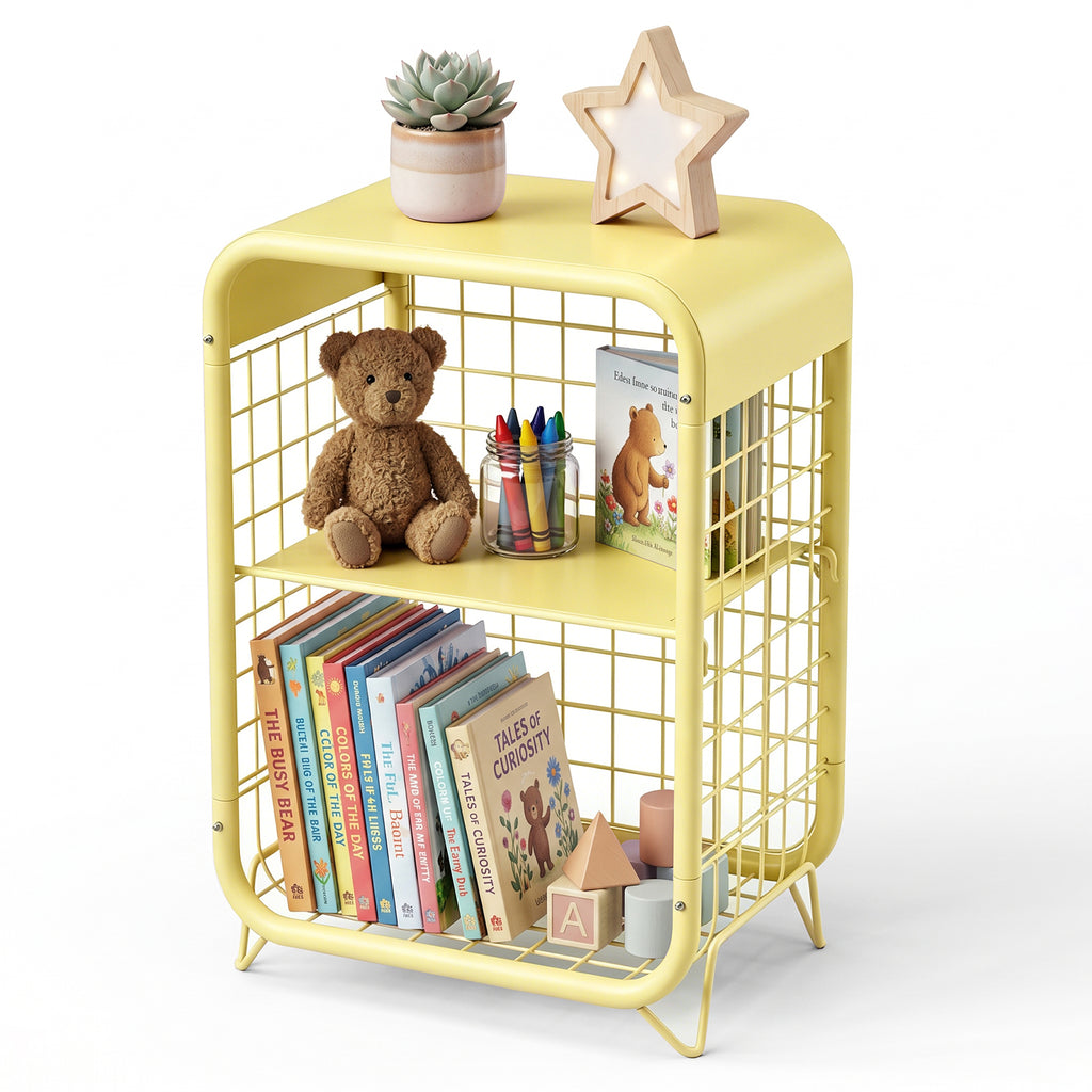 HAIMULI Nightstand with Storage, 3-Tier Open Shelf End Table, Hollow-out Design Metal Nightstand for Living Room, Bedroom, Narrow Bedside Table, Modern Room Decor Furniture, Yellow