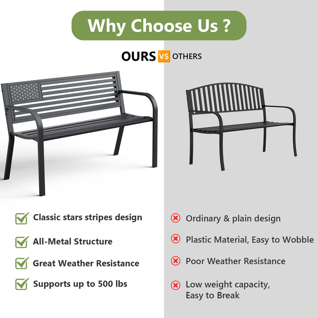 HAIMULI Anti-Rust Metal Bench Garden Bench with Back, All Weather Resistant Porch Benches for Outdoor Cast Iron Steel Frame Chair Waterproof, Black, 500 lbs