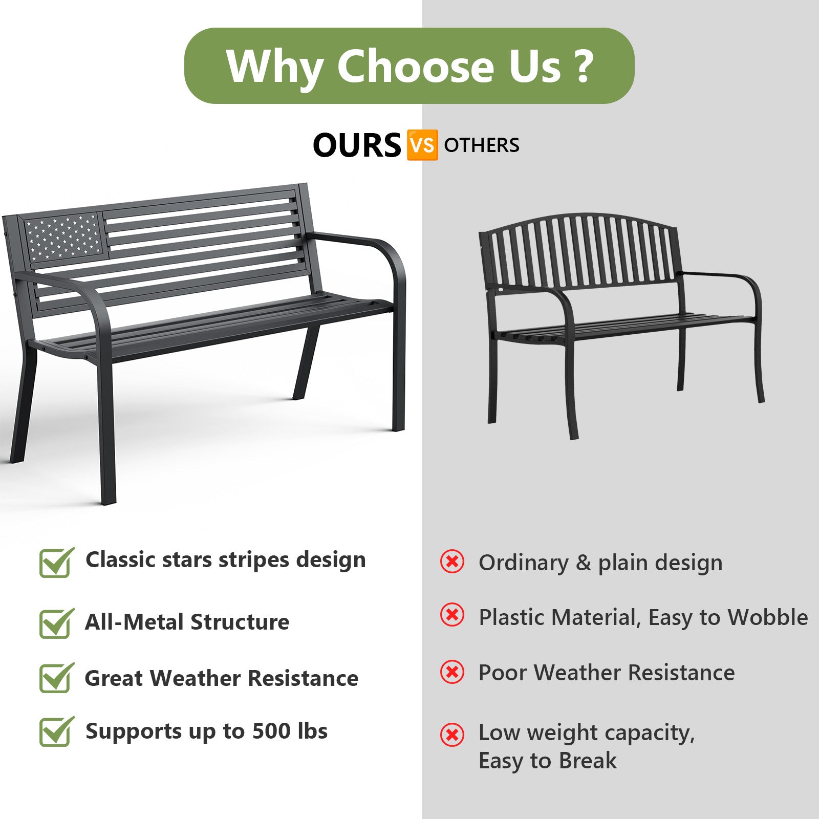 HAIMULI Anti-Rust Metal Bench Garden Bench with Back, All Weather Resistant Porch Benches for Outdoor Cast Iron Steel Frame Chair Waterproof, Black, 500 lbs
