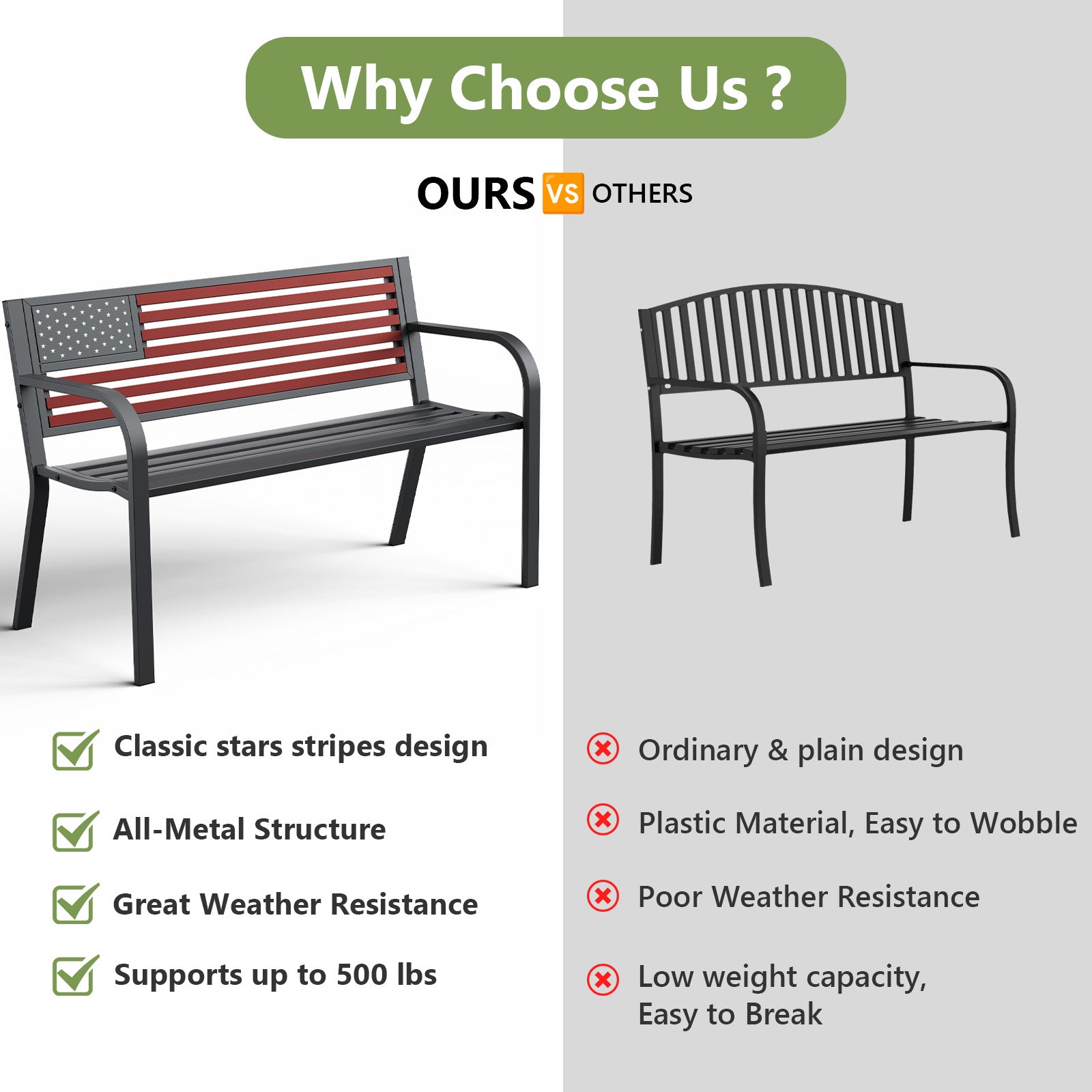 HAIMULI Anti-Rust Metal Bench Garden Bench with Back, All Weather Resistant Porch Benches for Outdoor Cast Iron Steel Frame Chair Waterproof, Black, 500 lbs