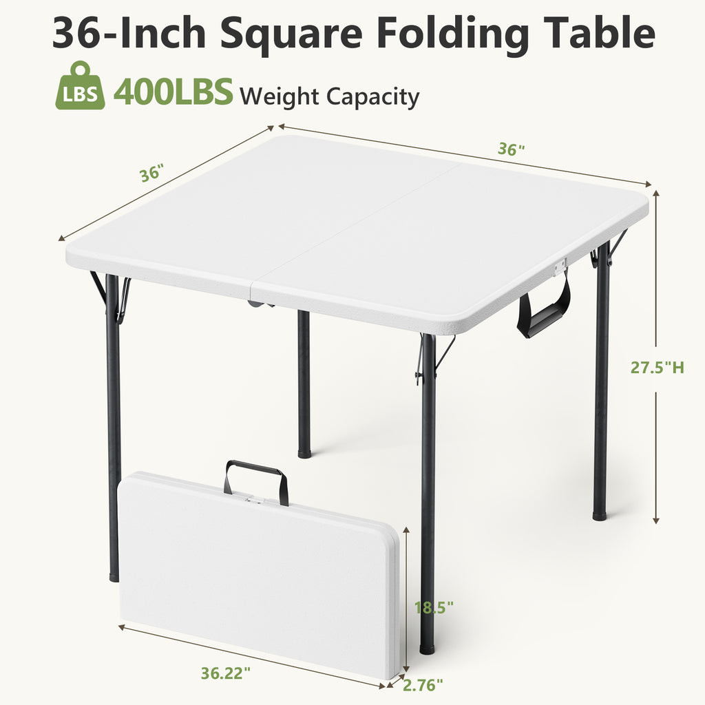 WASUHE 36" Square Folding Table with Handle, Portable Resin Folding Card Table for Dining, Game, Party, Picnic, White