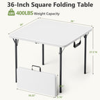 WASUHE 36" Square Folding Table with Handle, Portable Resin Folding Card Table for Dining, Game, Party, Picnic, White