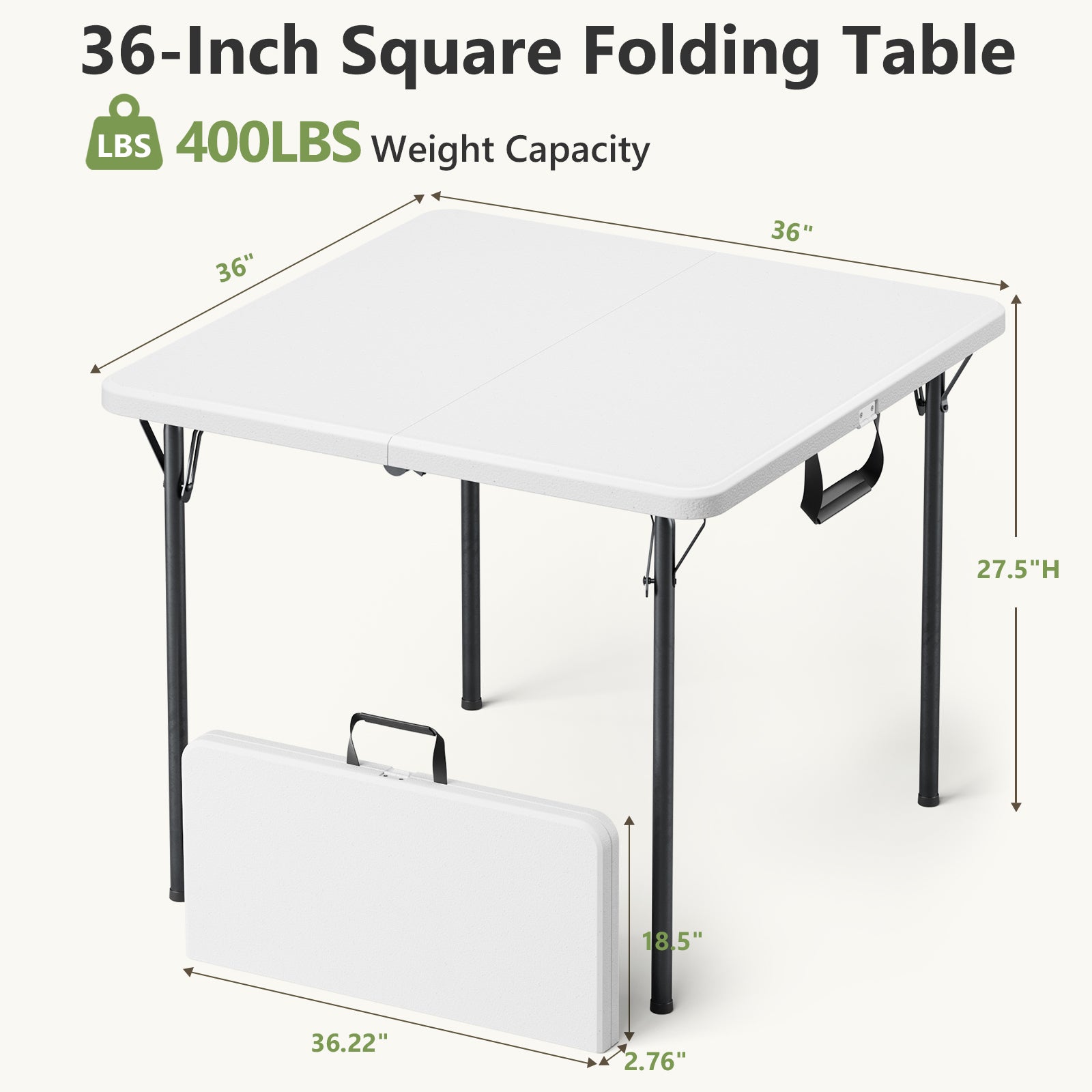 WASUHE 36" Square Folding Table with Handle, Portable Resin Folding Card Table for Dining, Game, Party, Picnic, White