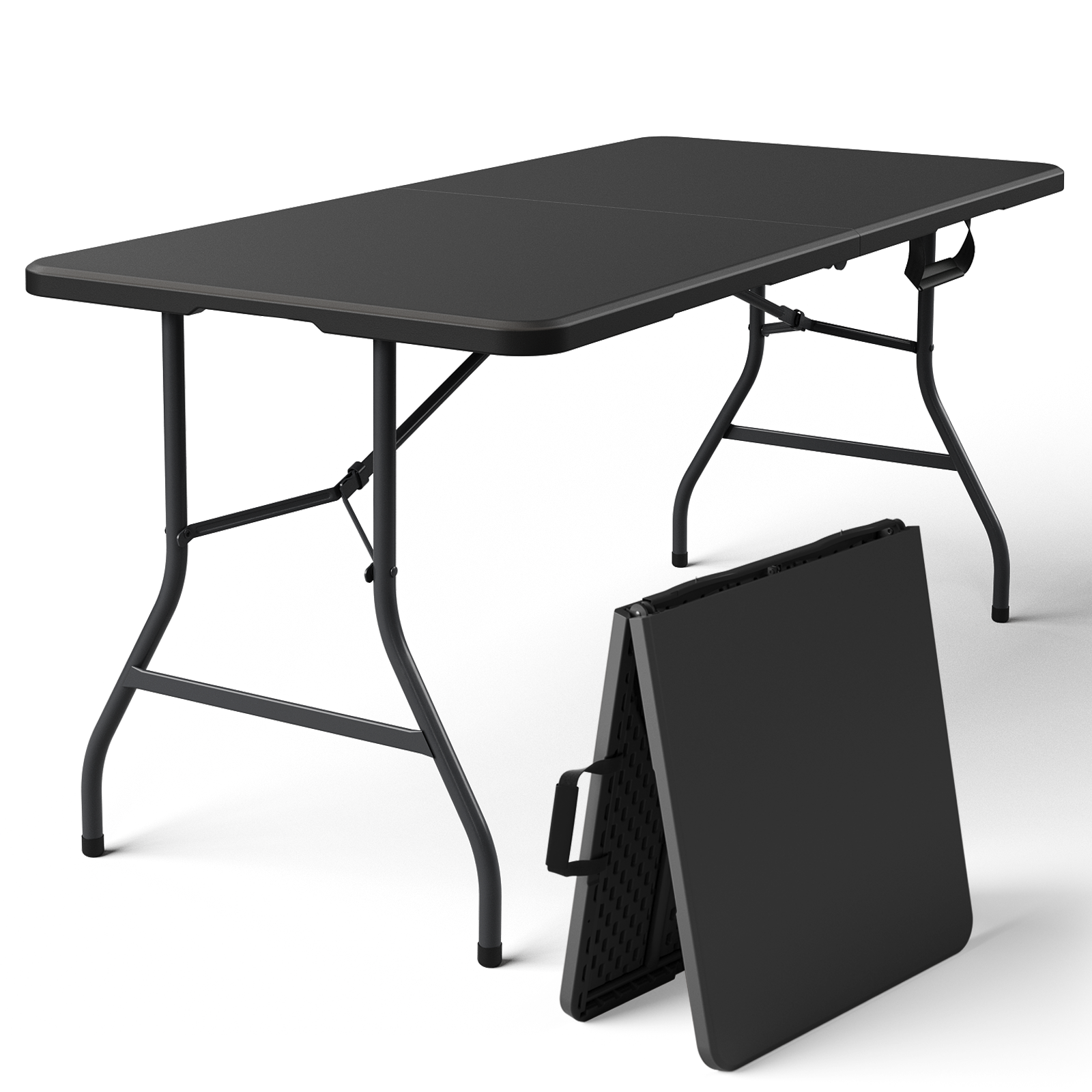 WASUHE 5 Foot Rectangle Folding Table, Fold-in-Half Portable Plastic Picnic Foldable Table with Carry Handle, Indoor Outdoor Use for Camping, Parties, BBQs, Events