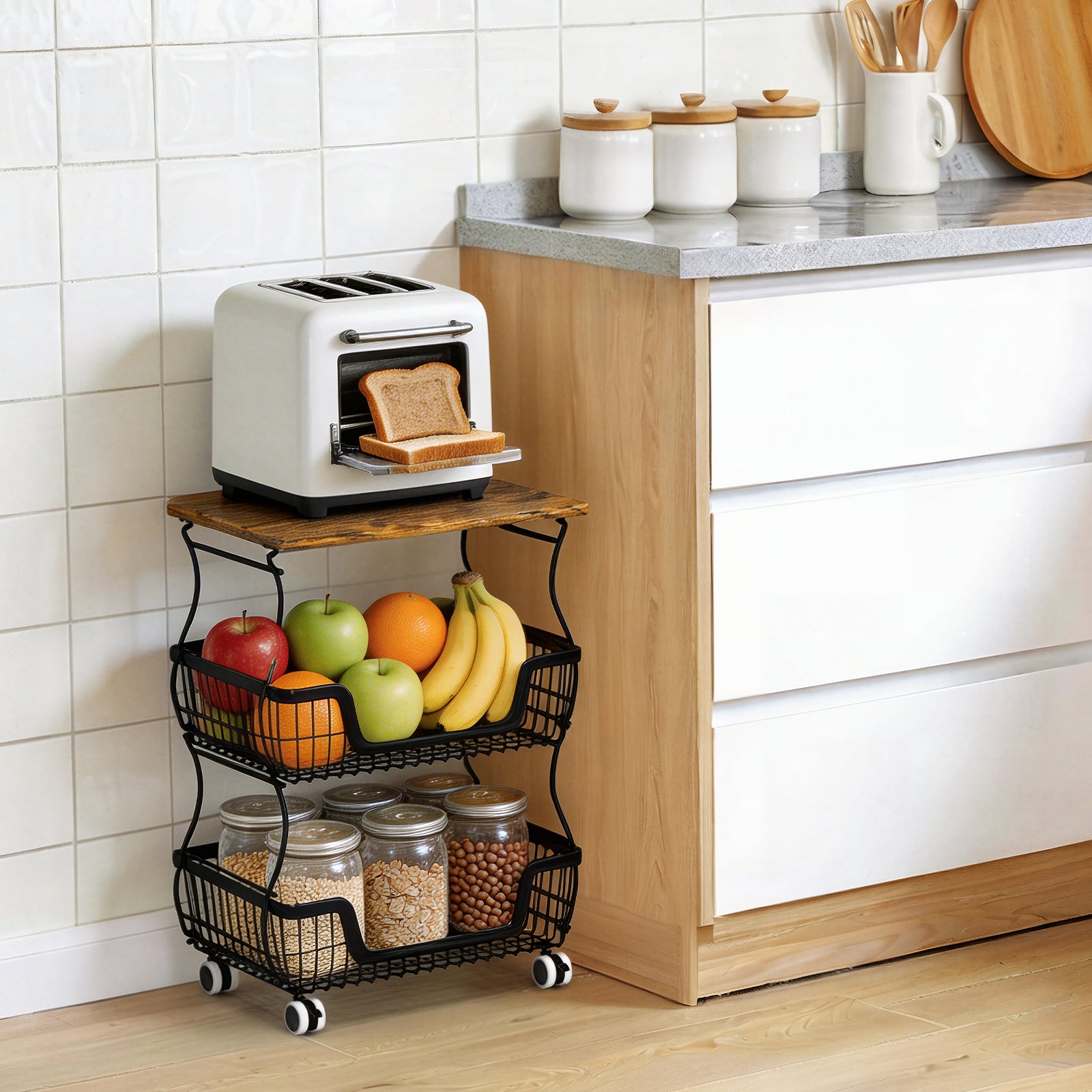 WASUHE Utility Rolling Cart, with Lockable Wheels,Fruit Vegetable Storage Basket Organizer Cart, Metal Storage Trolley for Kitchen Black