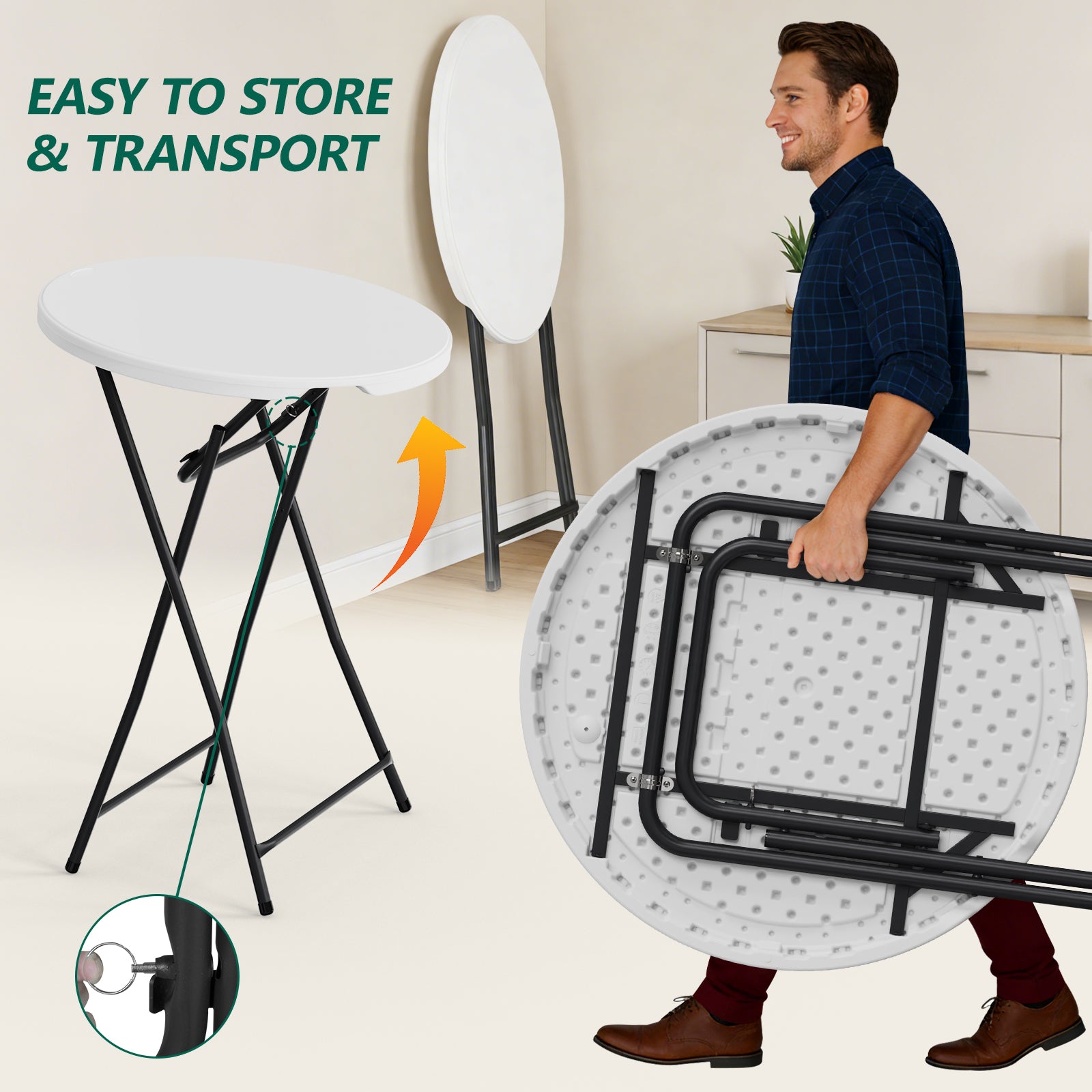 WASUHE 32in Folding Cocktail Table, Round Plastic Bar Height Folding Table with Thick Table Top, Ideal for Party, Patio, Backyard, Dining, Wedding, 400lb Capacityy