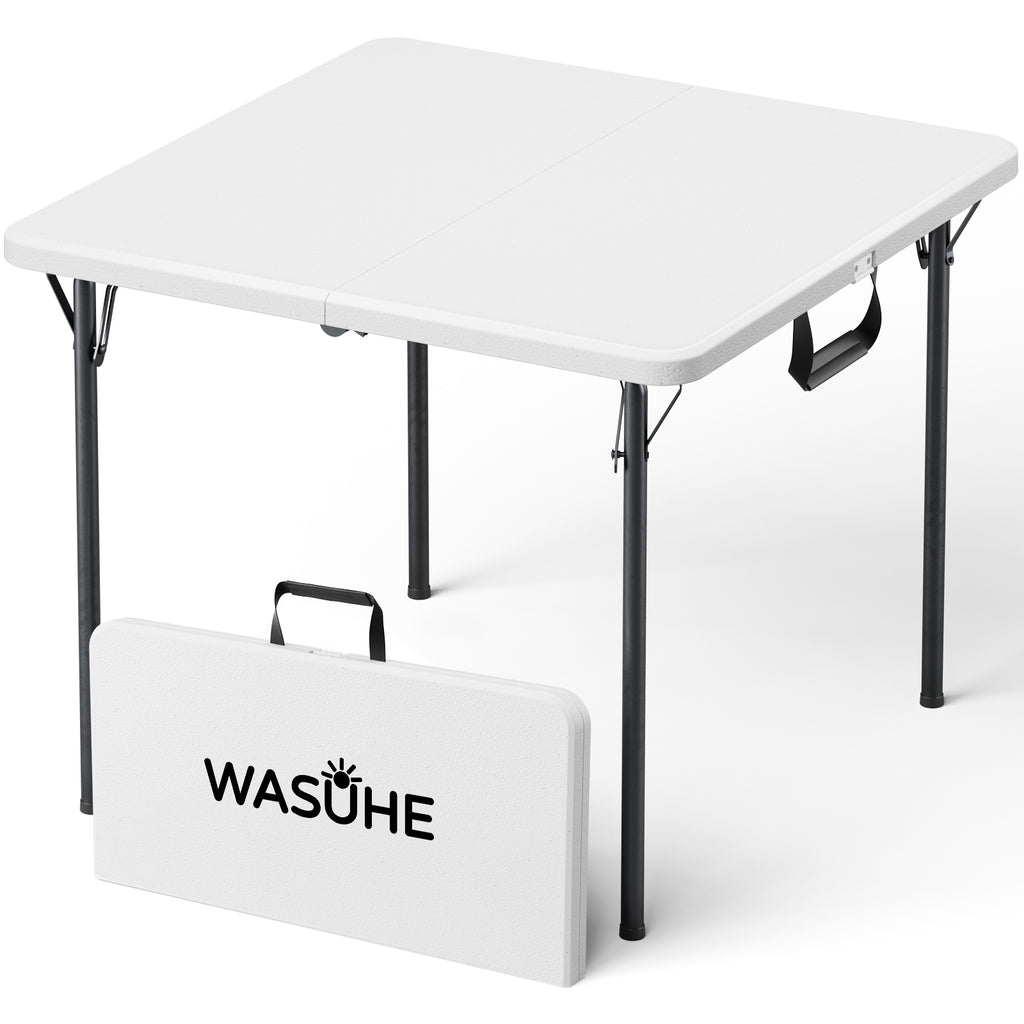 WASUHE 36" Square Folding Table with Handle, Portable Resin Folding Card Table for Dining, Game, Party, Picnic, White