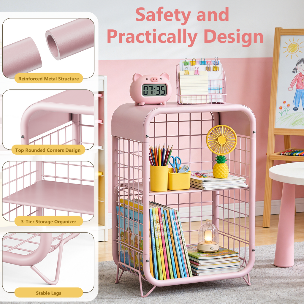 WASUHE 3 Tier Side Table, Metal End Table Small Nightstand with Adjustable Shelf for Bedroom Living Room Small Spaces Bedside, Pink