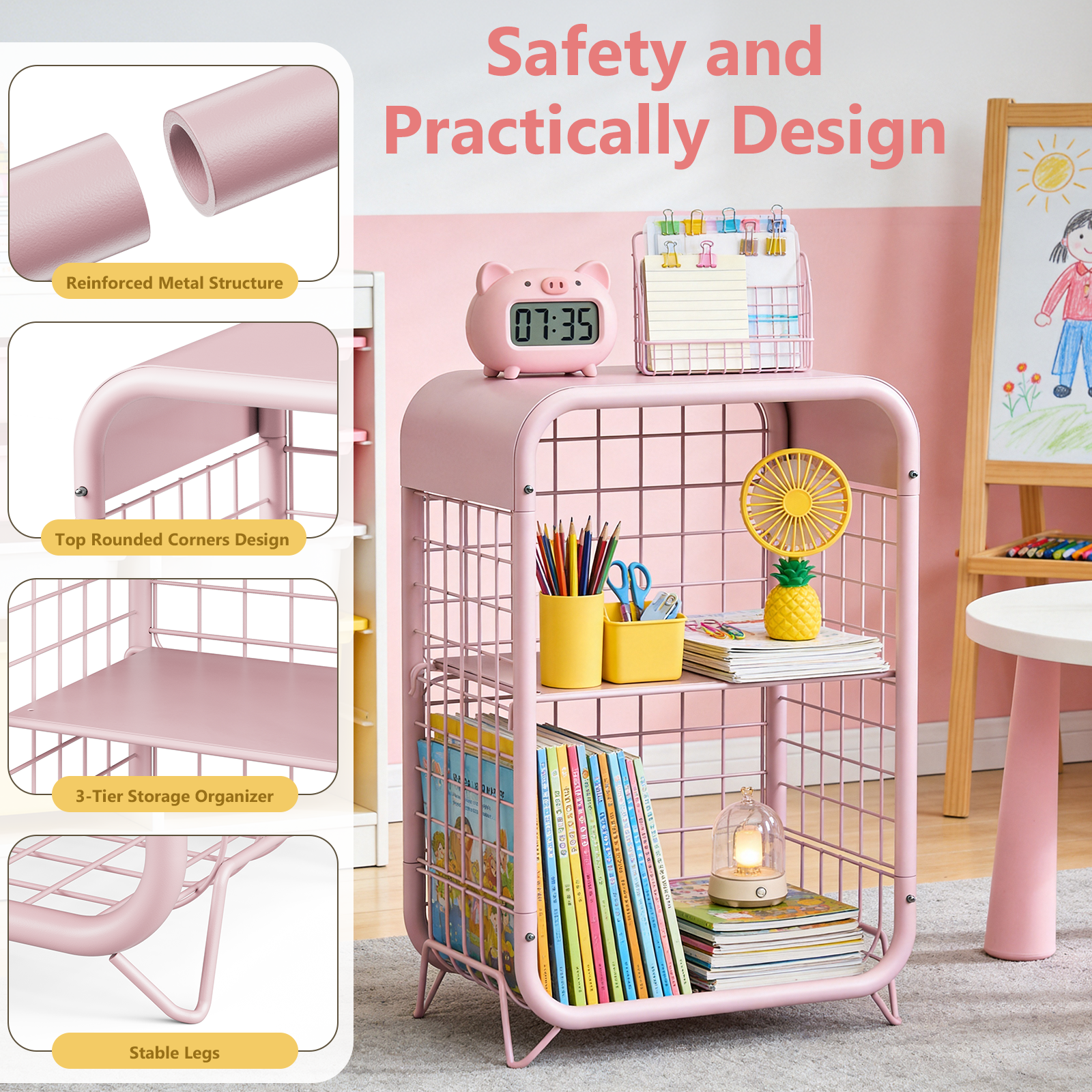 WASUHE 3 Tier Side Table, Metal End Table Small Nightstand with Adjustable Shelf for Bedroom Living Room Small Spaces Bedside, Pink