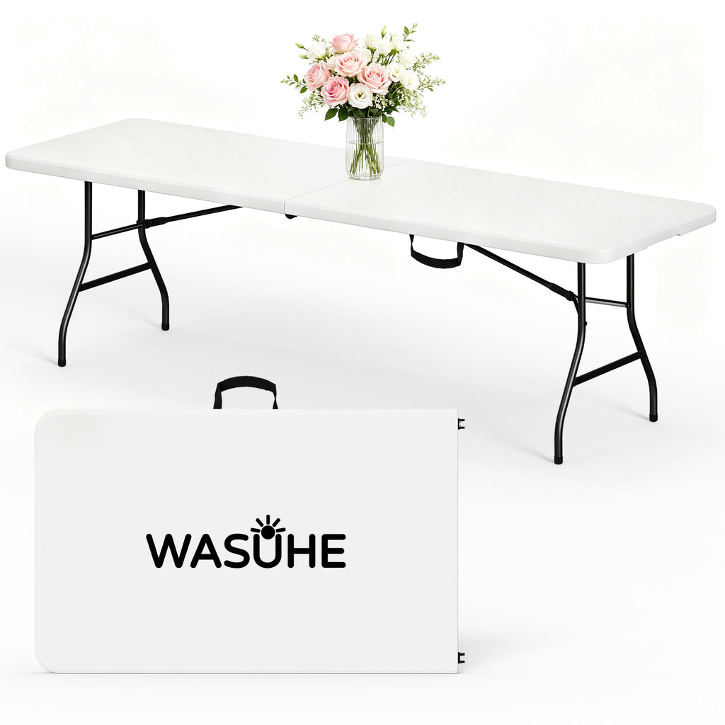 WASUHE 8 Foot Folding Table, Fold in Half Heavy Duty Long Large Utility Table with Carry Handle, Perfect for Party, Dining, Wedding, Events