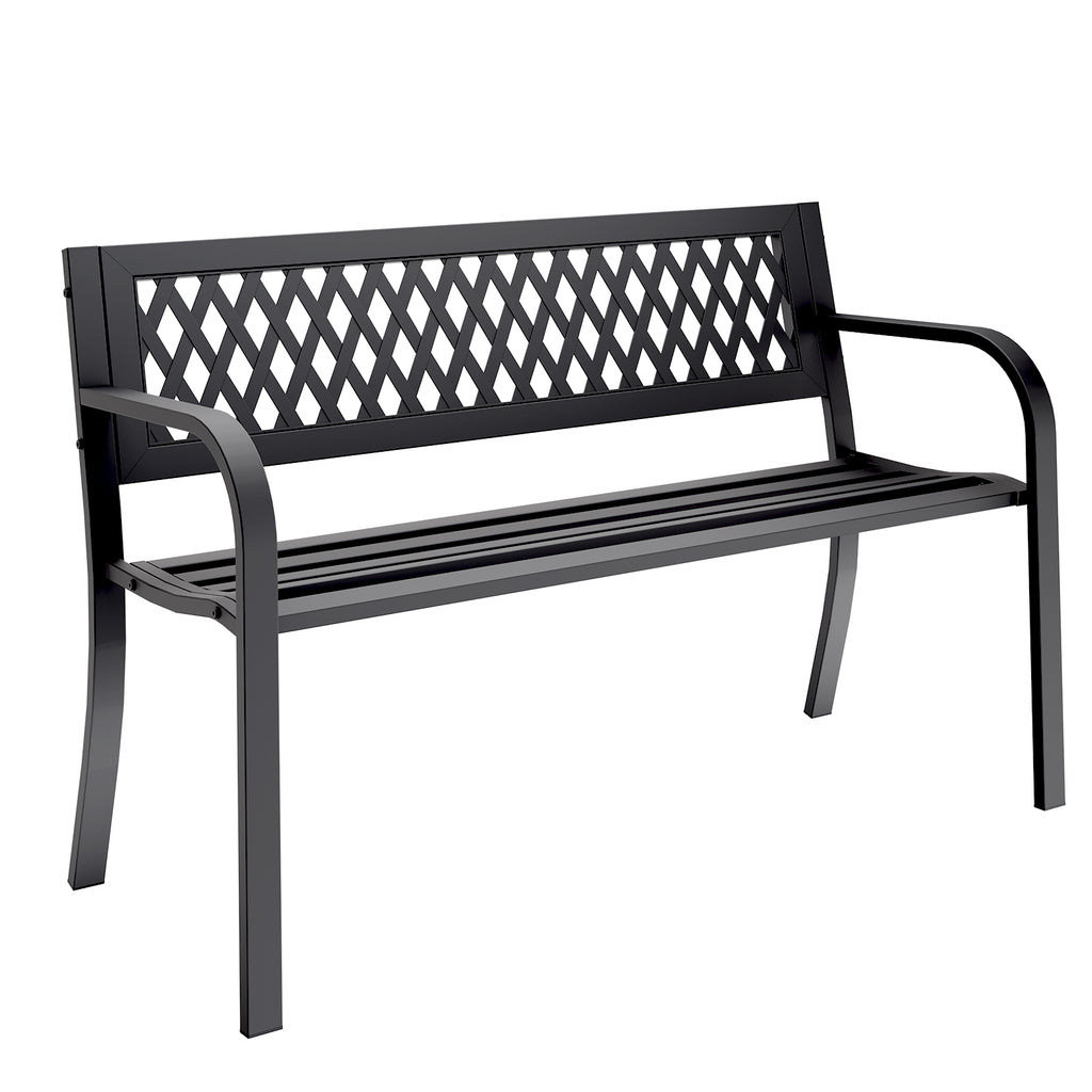 HAIMULI Anti-Rust Metal Bench Garden Bench with Back, All Weather Resistant Porch Benches for Outdoor Cast Iron Steel Frame Chair Waterproof, Black, 500 lbs
