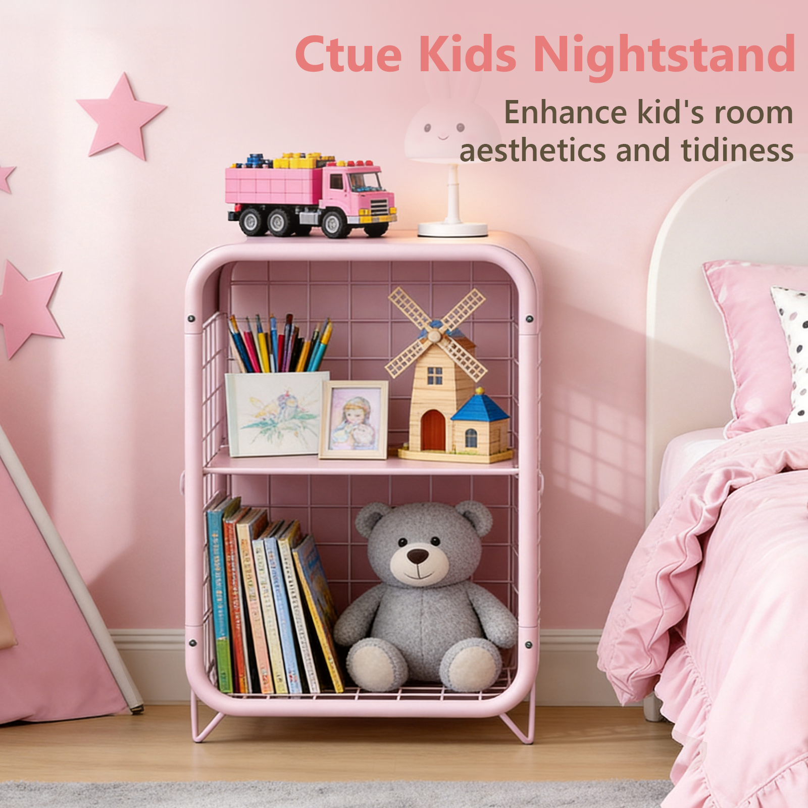 WASUHE 3 Tier Side Table, Metal End Table Small Nightstand with Adjustable Shelf for Bedroom Living Room Small Spaces Bedside, Pink