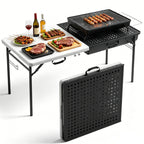 WASUHE 5FT Folding Grill Table, Portable Camping Table with Metal Grid & Tool Hooks, Ideal for BBQ, Picnic & RV Use, Space-Saving Design, Black