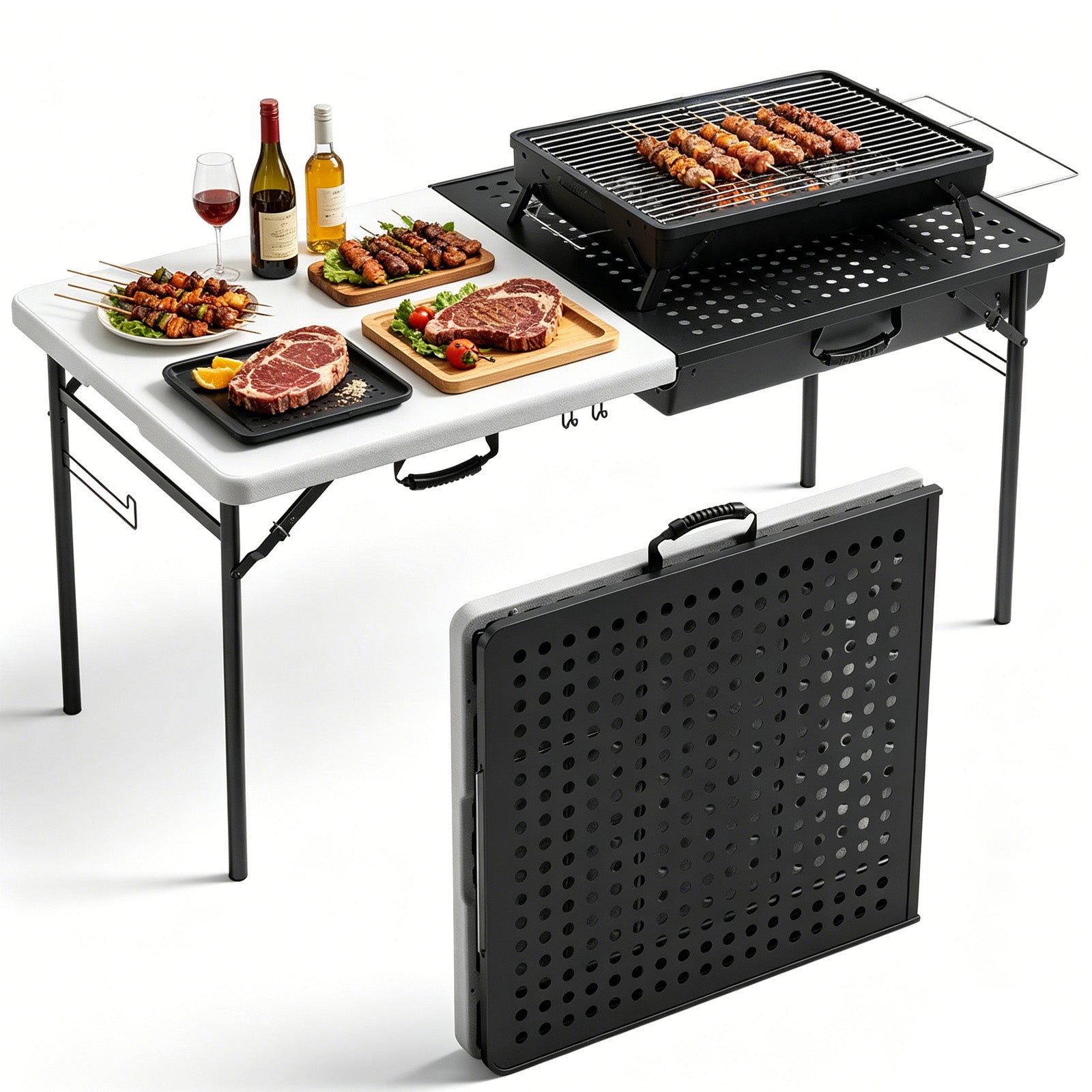 WASUHE 5FT Folding Grill Table, Portable Camping Table with Metal Grid & Tool Hooks, Ideal for BBQ, Picnic & RV Use, Space-Saving Design, Black