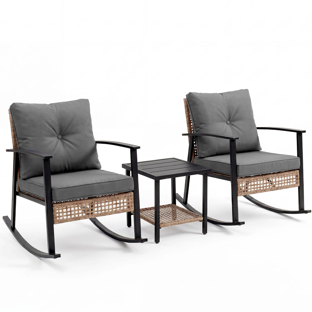 WASUHE 3 PCS Wicker Rocking Chair with Thick Cushions, Ergonomic Back Armrest Rocker Chairs for Porch Backyard Lawn Garden, Beige