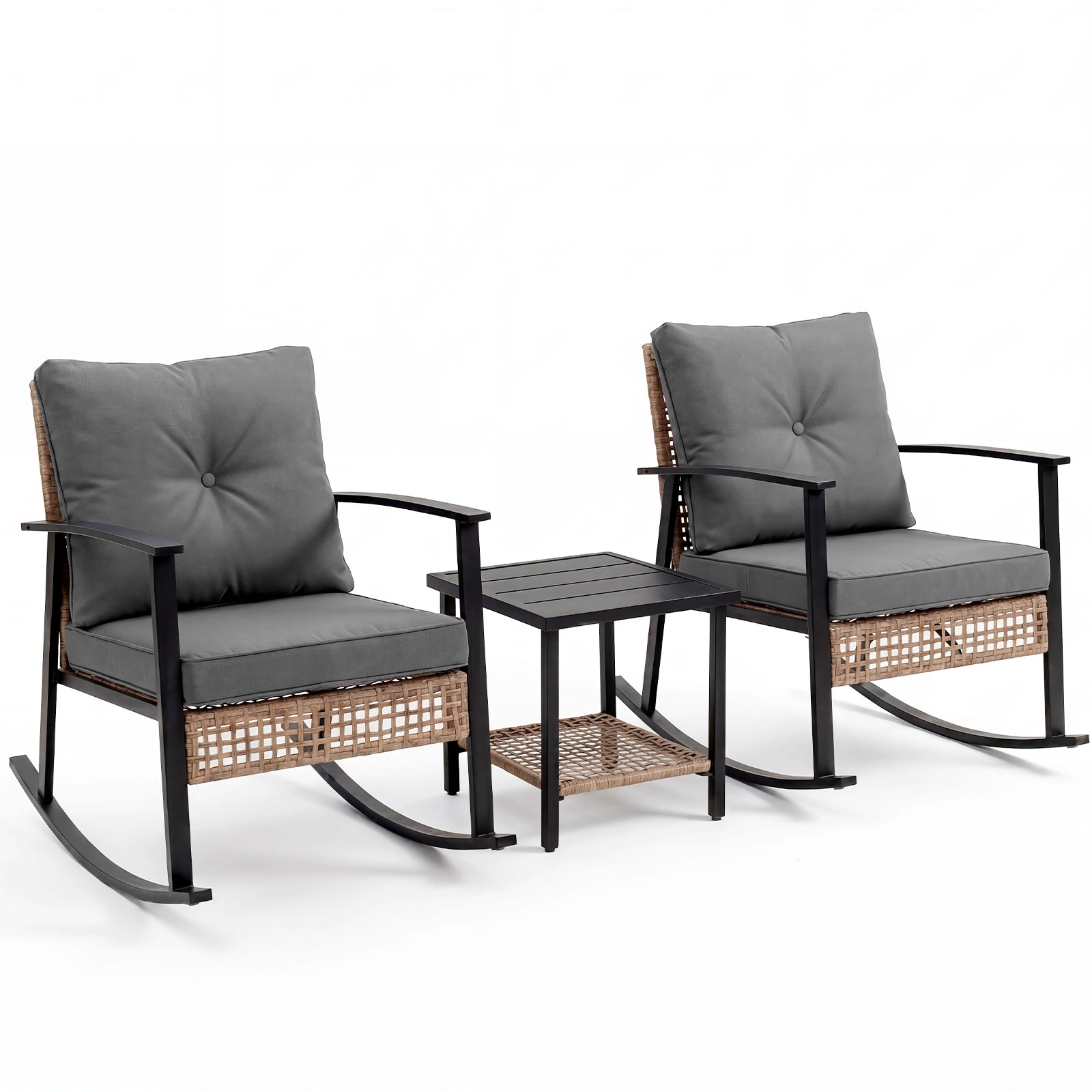 WASUHE 3 PCS Wicker Rocking Chair with Thick Cushions, Ergonomic Back Armrest Rocker Chairs for Porch Backyard Lawn Garden, Beige