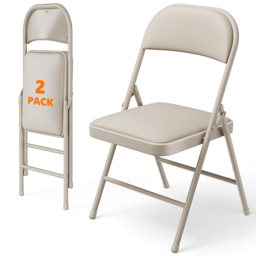 2 Pack Folding Chairs with PU Leather Padded Cushion and Back, Stackable Commercial Grade Metal Folding Chairs for Home and Office Indoor and Outdoor Events (White)