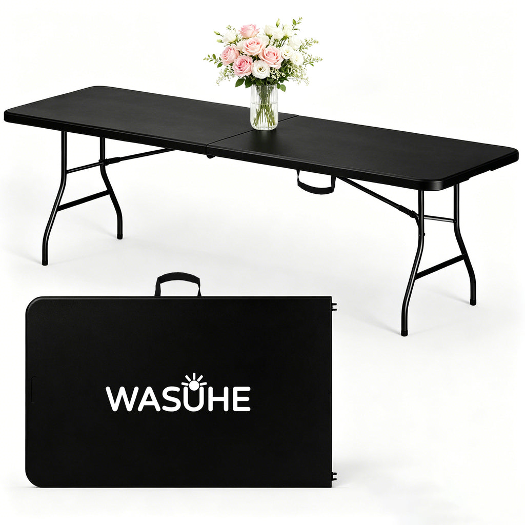 WASUHE 8 Foot Folding Table, Fold in Half Heavy Duty Long Large Utility Table with Carry Handle, Perfect for Party, Dining, Wedding, Events