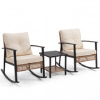 WASUHE 3 PCS Wicker Rocking Chair with Thick Cushions, Ergonomic Back Armrest Rocker Chairs for Porch Backyard Lawn Garden, Beige