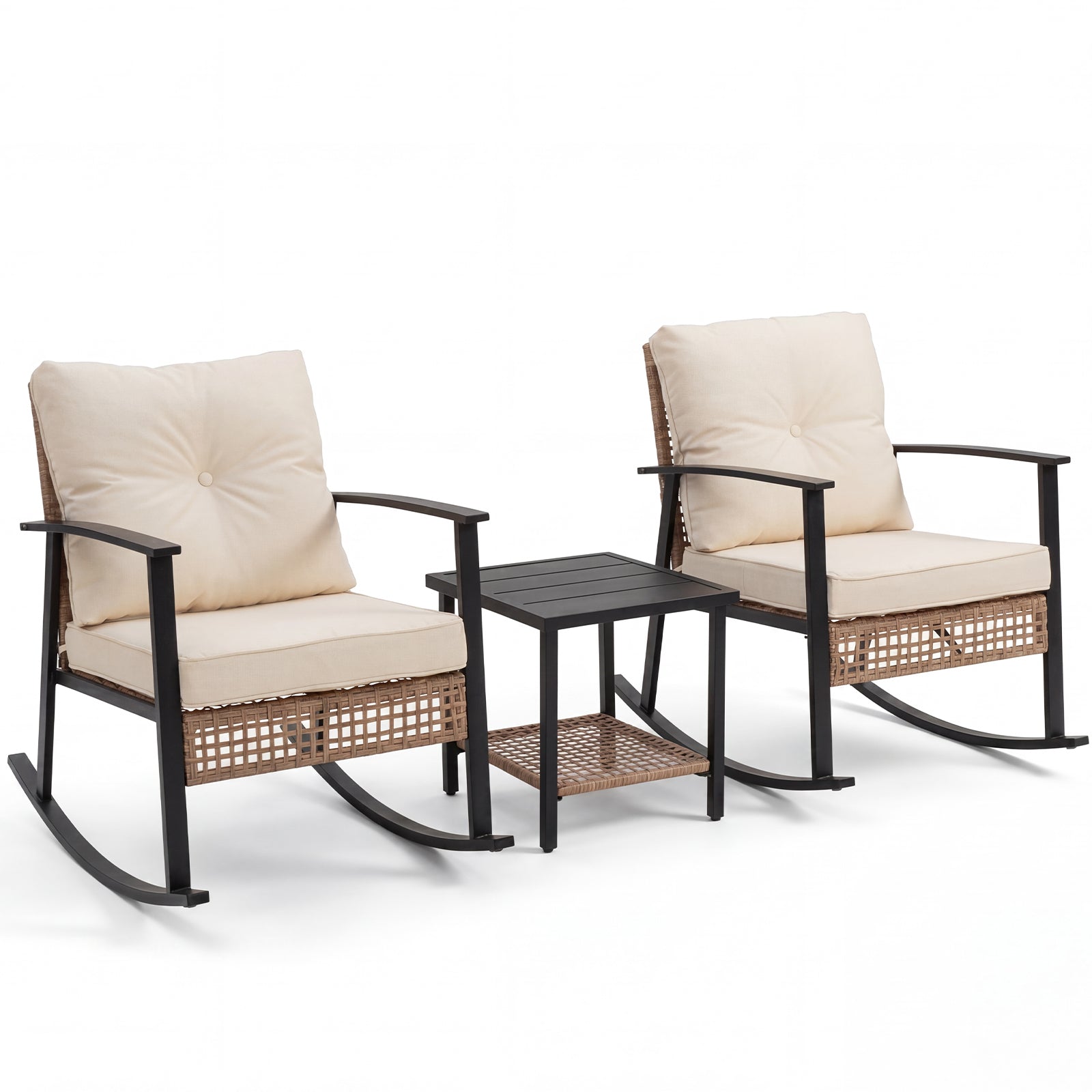 WASUHE 3 PCS Wicker Rocking Chair with Thick Cushions, Ergonomic Back Armrest Rocker Chairs for Porch Backyard Lawn Garden, Beige