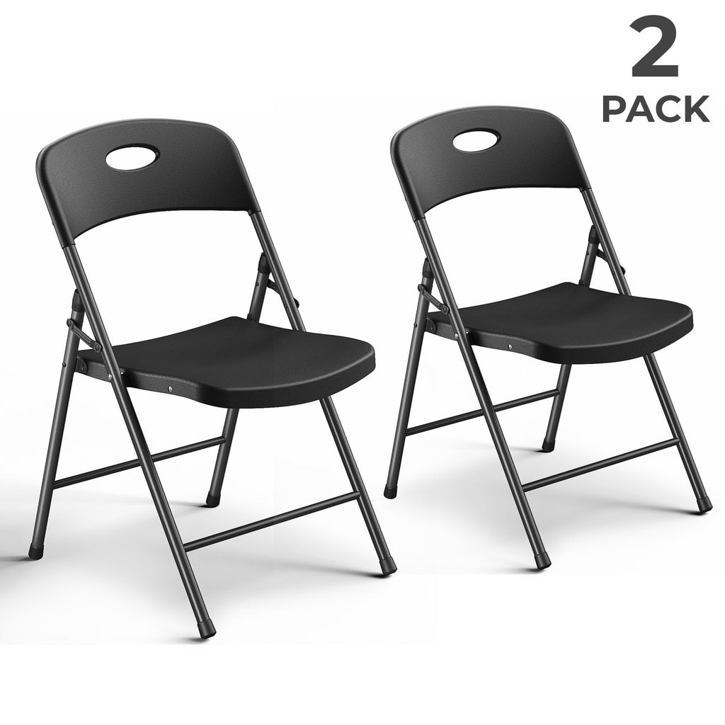 2 Pack Plastic Folding Chair, Sturdy Metal Folding Chairs for Outside Indoor, Portable 350 lbs Capacity Heavy Duty Stackable Commercial Seating for Picnic, Party, Patio (Black)