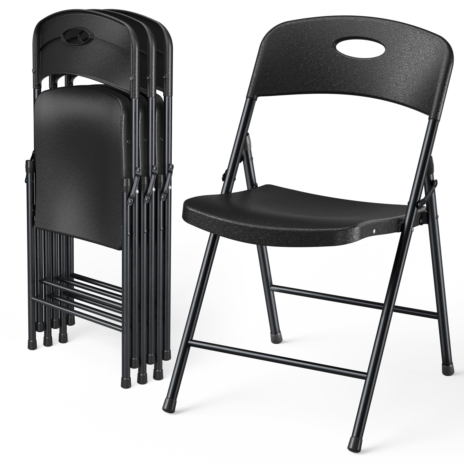 4 Pack Plastic Folding Chair, Sturdy Metal Folding Chairs for Outside Indoor, Portable 350 lbs Capacity Heavy Duty Stackable Commercial Seating for Picnic, Party, Patio (Black)