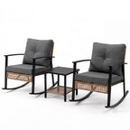 HAIMULI 3 Pieces Outdoor Wicker Rocking Chair Set, Patio Rattan Rocker Chair with Cushions & Steel Frame, All-Weather Rocking Lawn Wicker Furniture for Garden Backyard Porch (Gray)
