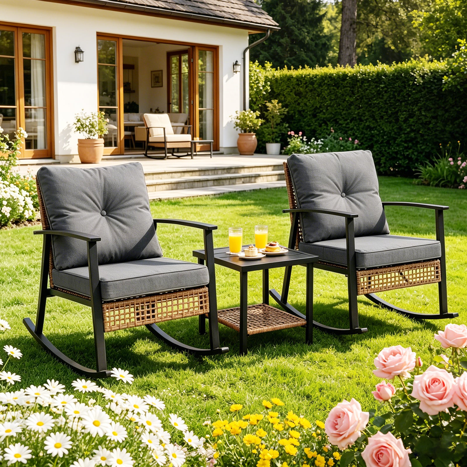 WASUHE 3 PCS Wicker Rocking Chair with Thick Cushions, Ergonomic Back Armrest Rocker Chairs for Porch Backyard Lawn Garden, Beige