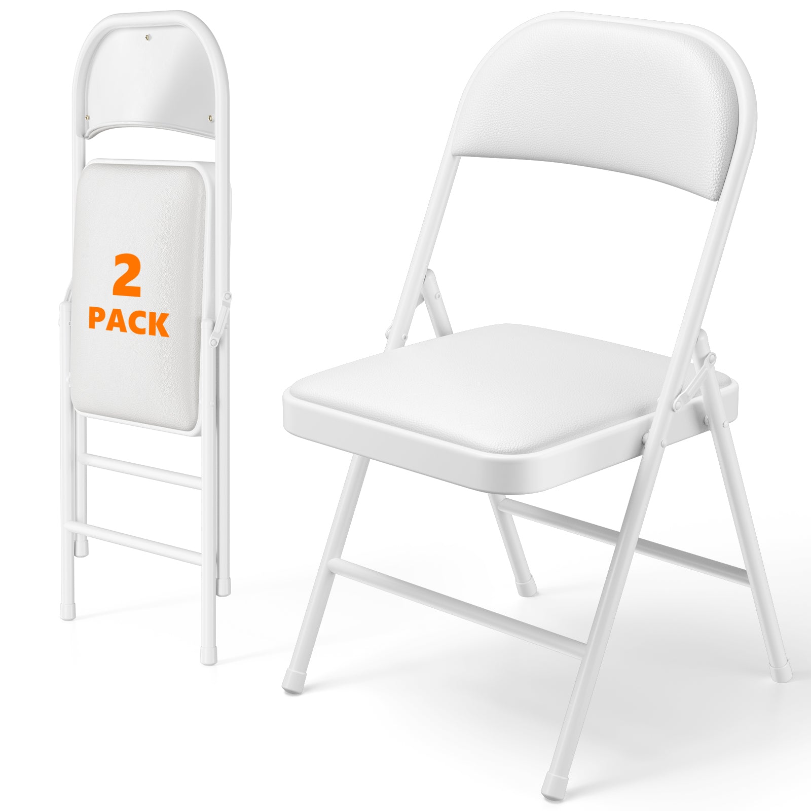 2 Pack Folding Chairs with PU Leather Padded Cushion and Back, Stackable Commercial Grade Metal Folding Chairs for Home and Office Indoor and Outdoor Events (White)