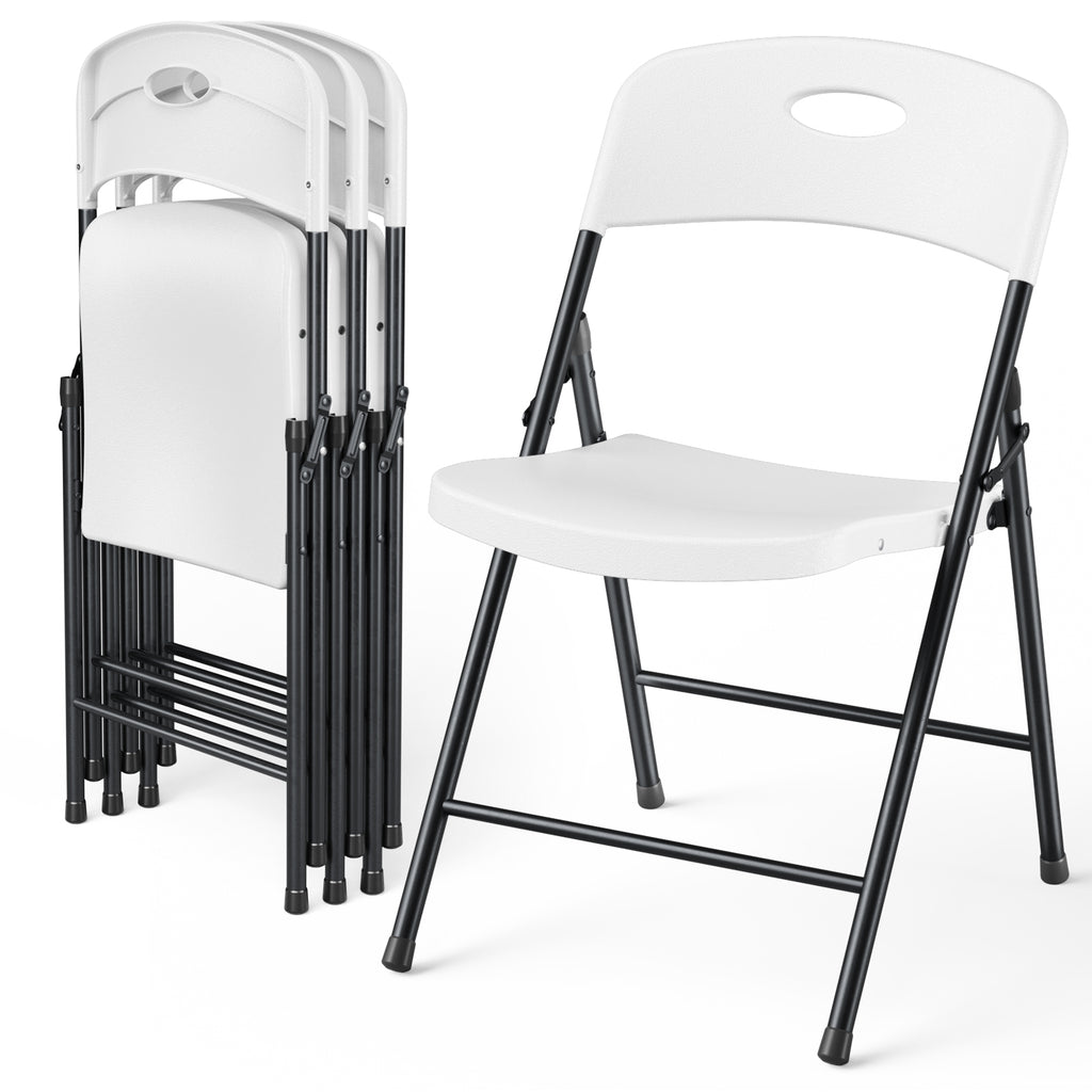 4 Pack Plastic Folding Chair, Sturdy Metal Folding Chairs for Outside Indoor, Portable 350 lbs Capacity Heavy Duty Stackable Commercial Seating for Picnic, Party, Patio (Black)