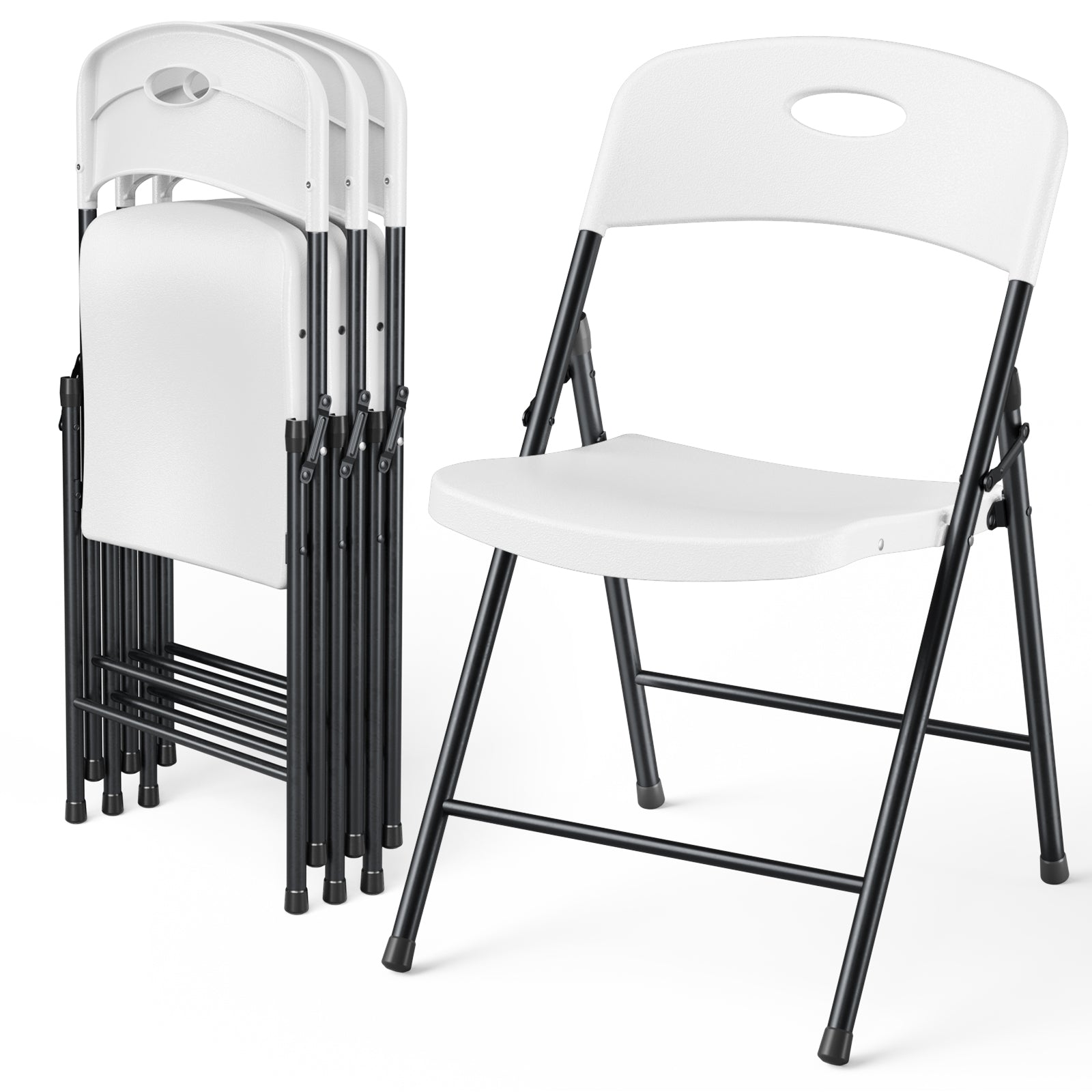 4 Pack Plastic Folding Chair, Sturdy Metal Folding Chairs for Outside Indoor, Portable 350 lbs Capacity Heavy Duty Stackable Commercial Seating for Picnic, Party, Patio (Black)