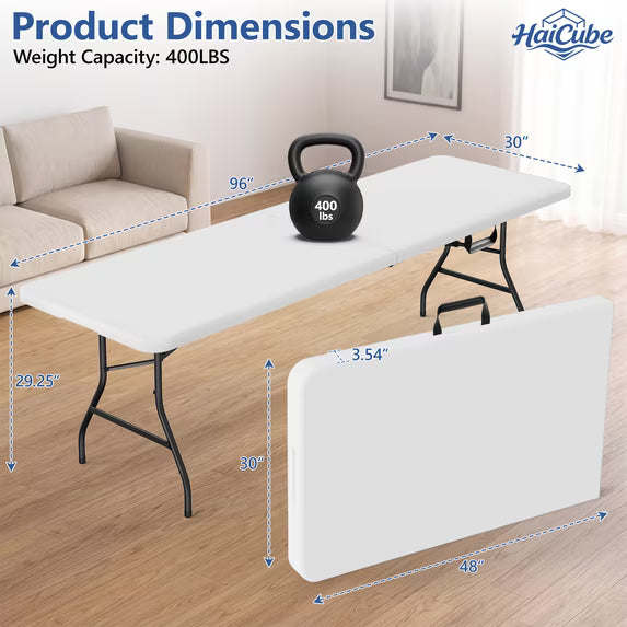 HaiCube 8 Foot Plastic Folding Table Portable Heavy Duty Rectangular Table with Carry Handle, Indoor Outdoor for Camping Picnic Party Dining, White