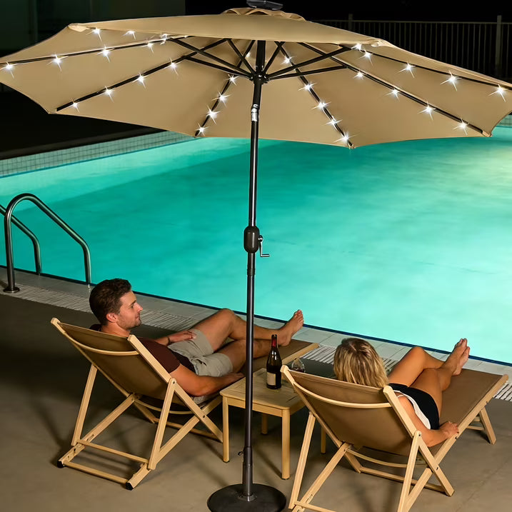 HaiNova 9ft Solar Patio Umbrella, Tilt Adjustment LED Outdoor Umbrella with 8 Reinforced Ribs for Garden, Backyard, Pool, Deep Blue