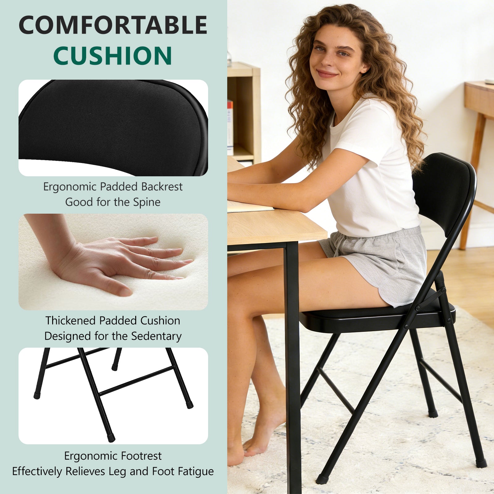 WASUHE 4 Pack Fabric Folding Chair with Padded Cushion, Portable Stackable Chairs Set with Metal Frame, for Home & Office, Wedding, Party, Events