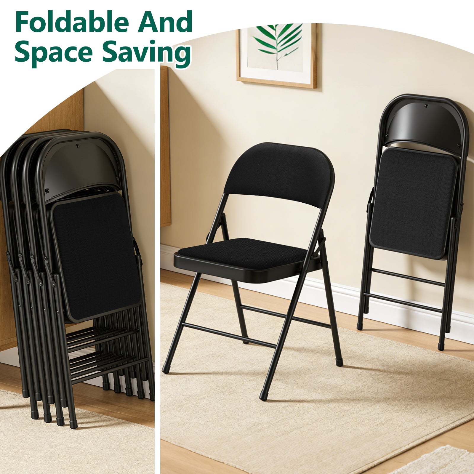WASUHE 4 Pack Fabric Folding Chair with Padded Cushion, Portable Stackable Chairs Set with Metal Frame, for Home & Office, Wedding, Party, Events