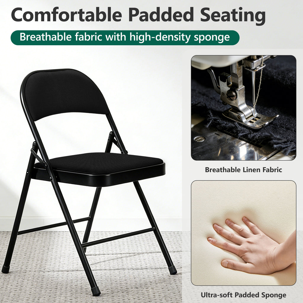 WASUHE 4 Pack Fabric Folding Chair with Padded Cushion, Portable Stackable Chairs Set with Metal Frame, for Home & Office, Wedding, Party, Events