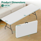 WASUHE 8 Foot Folding Table, Fold in Half Heavy Duty Long Large Utility Table with Carry Handle, Perfect for Party, Dining, Wedding, Events