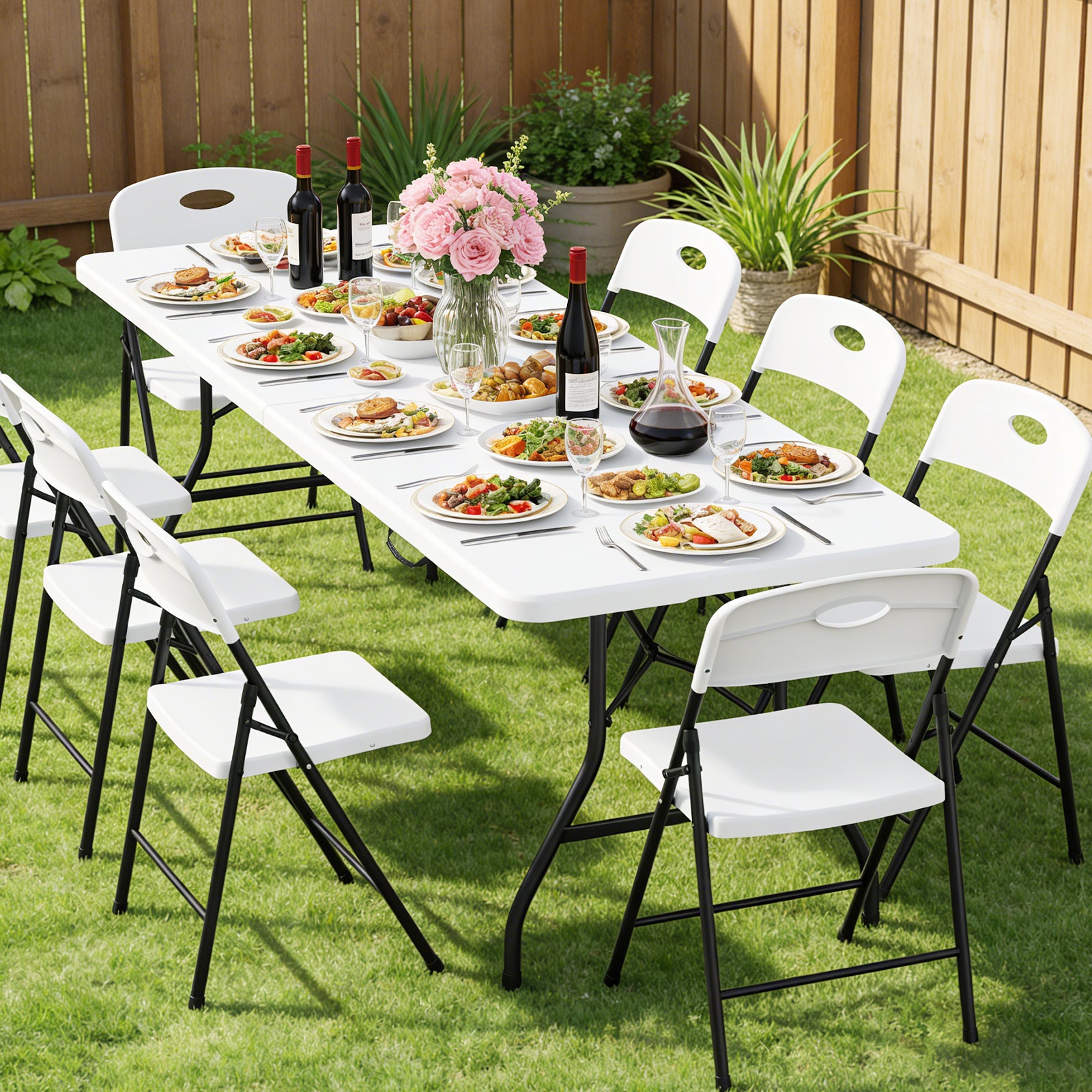 WASUHE 8 Foot Folding Table, Fold in Half Heavy Duty Long Large Utility Table with Carry Handle, Perfect for Party, Dining, Wedding, Events
