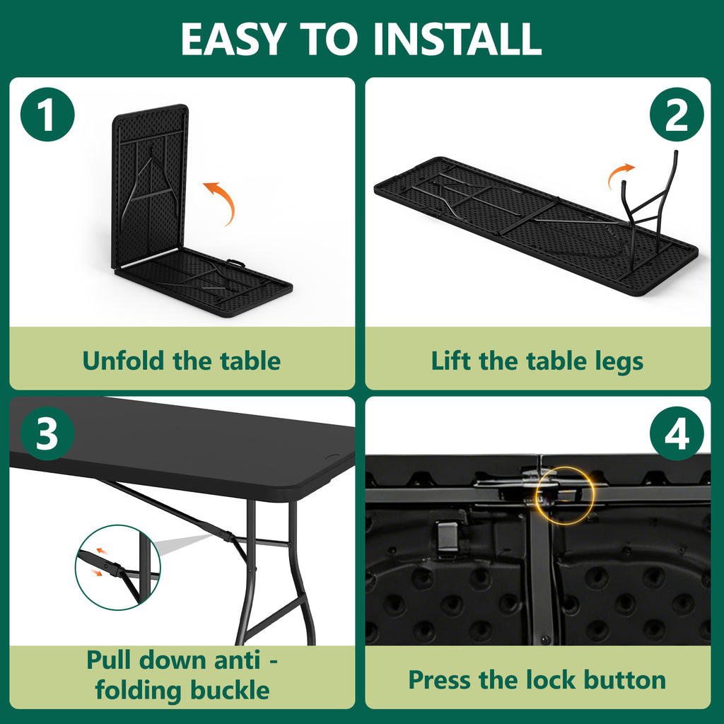 WASUHE 8 Foot Folding Table, Fold in Half Heavy Duty Long Large Utility Table with Carry Handle, Perfect for Party, Dining, Wedding, Events
