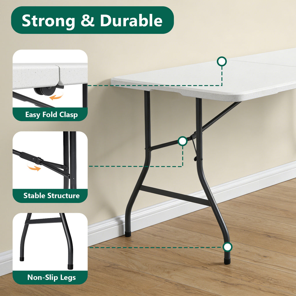 WASUHE 5 Foot Rectangle Folding Table, Fold-in-Half Portable Plastic Picnic Foldable Table with Carry Handle, Indoor Outdoor Use for Camping, Parties, BBQs, Events