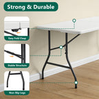 WASUHE 5 Foot Rectangle Folding Table, Fold-in-Half Portable Plastic Picnic Foldable Table with Carry Handle, Indoor Outdoor Use for Camping, Parties, BBQs, Events