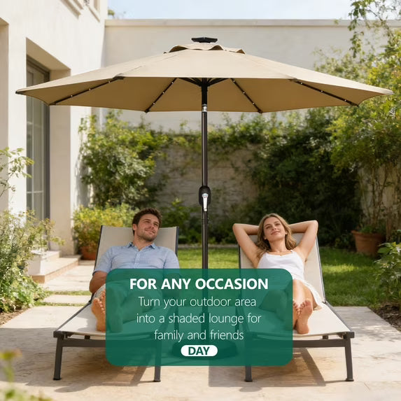 HaiCube 9FT Solar Patio Umbrella with LED Lights, Outdoor Market Umbrella with Solar Panel, 8 Heavy-Duty Ribs, for Patio, Deck, Garden,Khaki