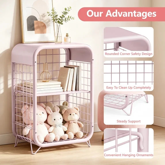 HaiNova 3-Tier Metal Wire Nightstand ,Kids End Table with Anti-Collision Fillet Design ,Sturdy Side Table for Bedroom ,Bathroom ,Living Room & Small Spaces ,Pink