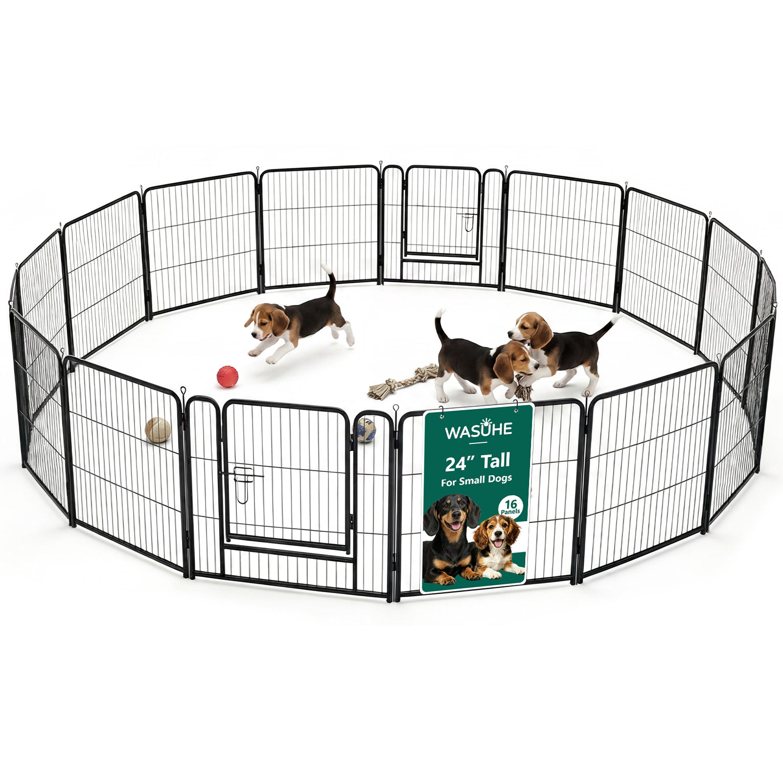 WASUHE Dog Playpen with Door, 24 Inch 8 Panel Foldable Metal Pet Fence, Indoor, Yard, RV Camping, Safe Play Area for Small and Puppy Dogs, Black