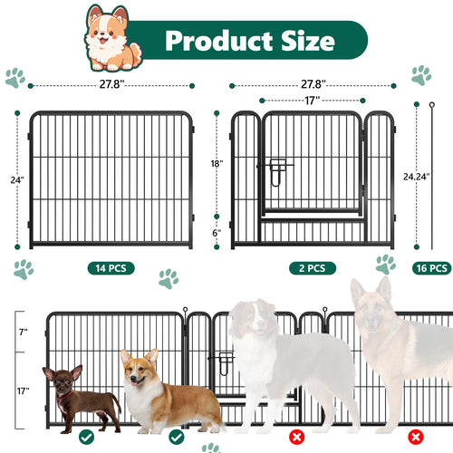 16 Panels Metal Dog Playpen, 24" Height Dog Fence Exercise Pen with Doors for Medium Small Dogs Rabbits Cats, Foldable Pet Puppy Playpen for Indoor & Outdoor Yard