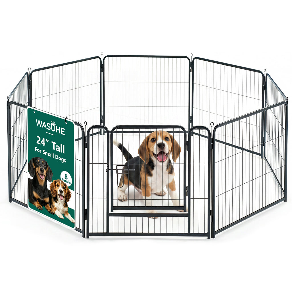 WASUHE Dog Playpen with Door, 24 Inch 8 Panel Foldable Metal Pet Fence, Indoor, Yard, RV Camping, Safe Play Area for Small and Puppy Dogs, Black