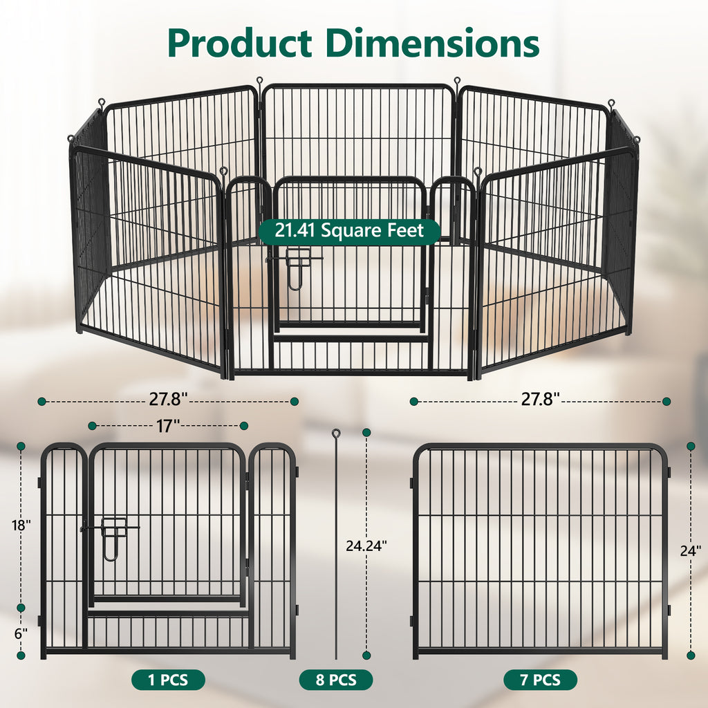 WASUHE Dog Playpen with Door, 24 Inch 8 Panel Foldable Metal Pet Fence, Indoor, Yard, RV Camping, Safe Play Area for Small and Puppy Dogs, Black